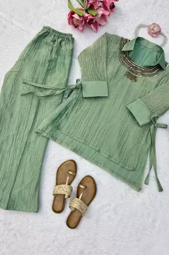 light green color hand work silk blend western wear