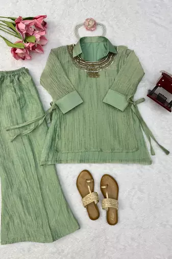light green color hand work silk blend western wear