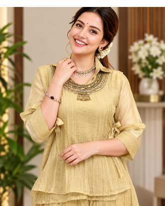 beige color hand work silk blend western wear 2