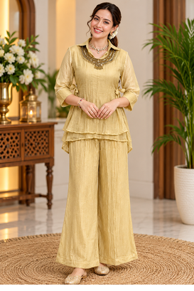 beige color hand work silk blend western wear 1