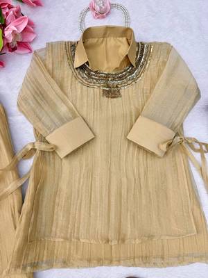beige color hand work silk blend western wear 3