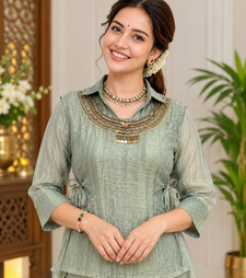 grey color hand work silk blend western wear
