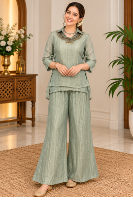 grey color hand work silk blend western wear 1