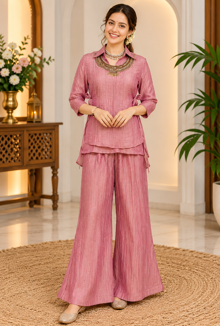 pink color hand work silk blend western wear