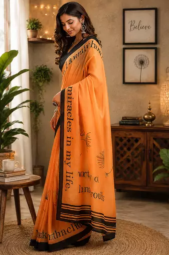 orange color digital printed chanderi ready to wear saree with blouse