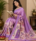 lavender color digital printed chanderi ready to wear saree with blouse