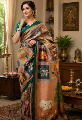 peach color digital printed chanderi ready to wear saree with blouse 2