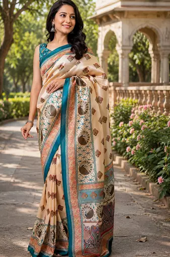 chiku color digital printed chanderi ready to wear saree with blouse