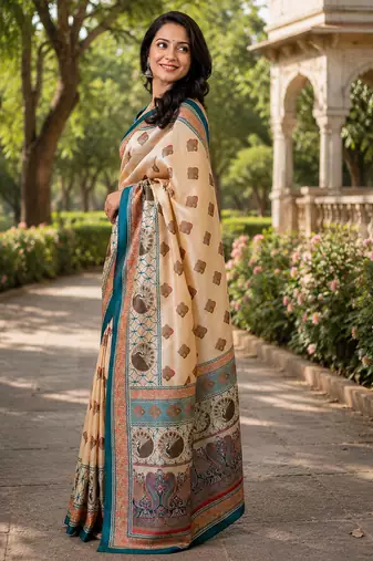 chiku color digital printed chanderi ready to wear saree with blouse