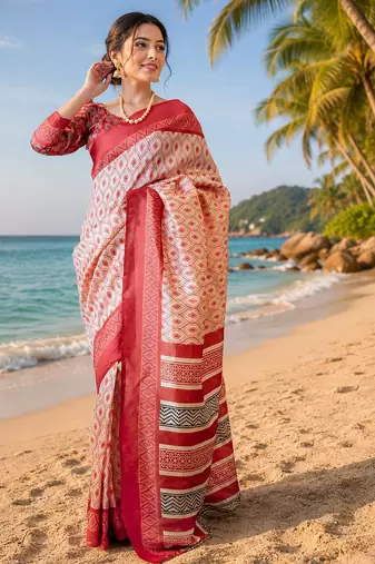 red color digital printed chanderi ready to wear saree with blouse