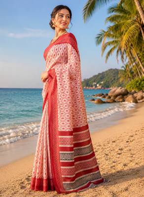 red color digital printed chanderi ready to wear saree with blouse 3