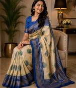 blue color digital printed chanderi ready to wear saree with blouse