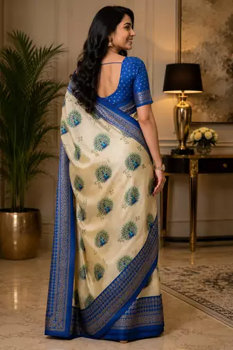 blue color digital printed chanderi ready to wear saree with blouse