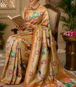 golden color digital printed chanderi ready to wear saree with blouse