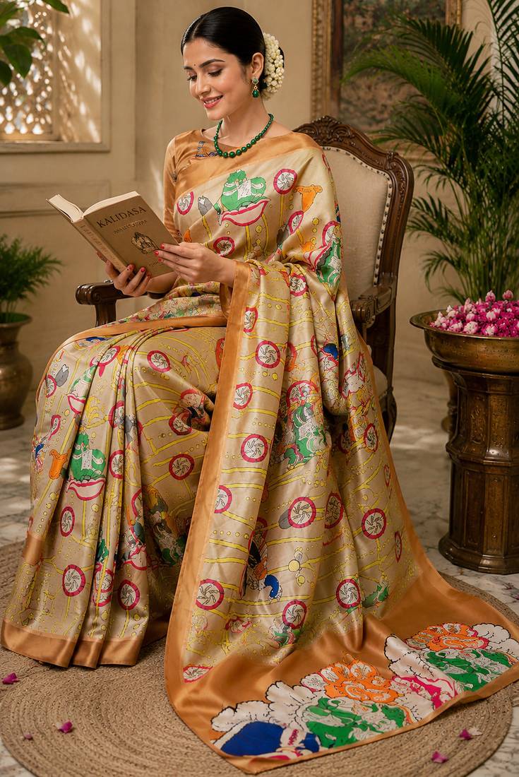 golden color digital printed chanderi ready to wear saree with blouse