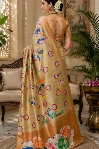 golden color digital printed chanderi ready to wear saree with blouse
