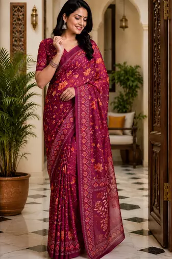 wine color digital printed chanderi ready to wear saree with blouse