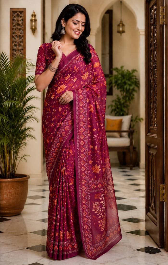 wine color digital printed chanderi ready to wear saree with blouse