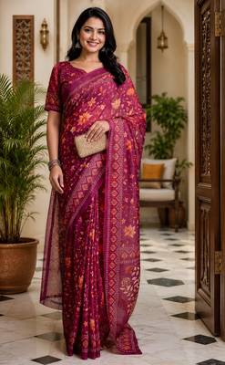 wine color digital printed chanderi ready to wear saree with blouse 2