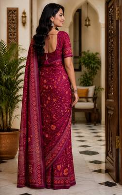 wine color digital printed chanderi ready to wear saree with blouse 4
