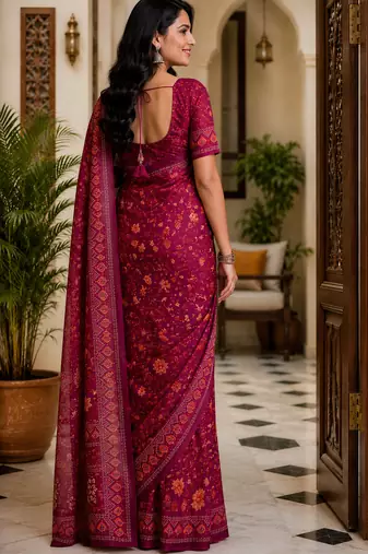 wine color digital printed chanderi ready to wear saree with blouse