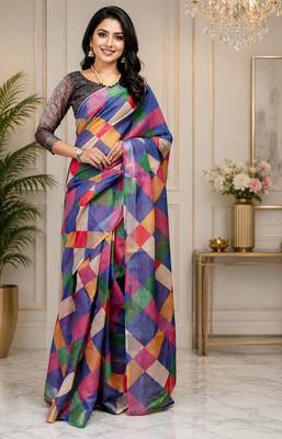 multi color digital printed chanderi ready to wear saree with blouse 2