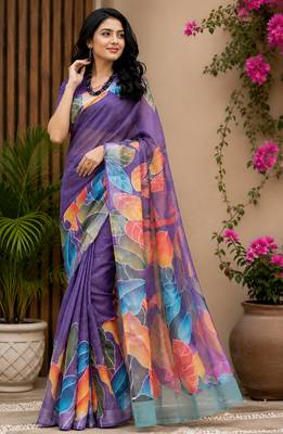 purple color digital printed chanderi ready to wear saree with blouse 1