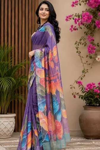 purple color digital printed chanderi ready to wear saree with blouse