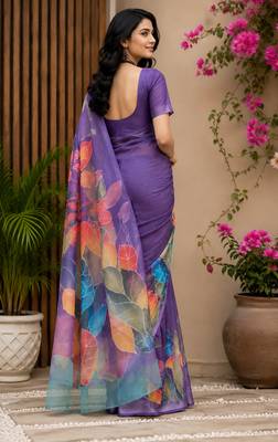 purple color digital printed chanderi ready to wear saree with blouse 4