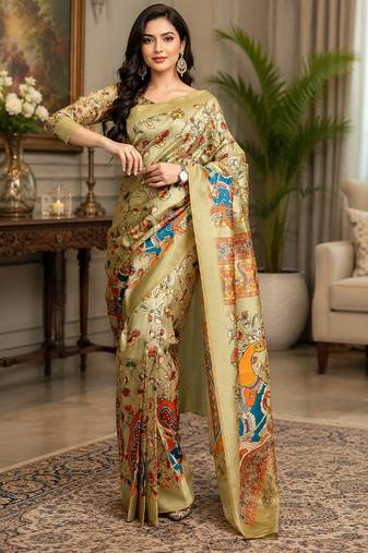 chiku color digital printed chanderi ready to wear saree with blouse