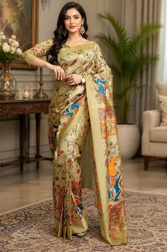 chiku color digital printed chanderi ready to wear saree with blouse