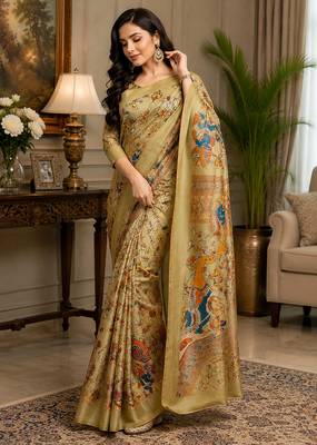 chiku color digital printed chanderi ready to wear saree with blouse 2