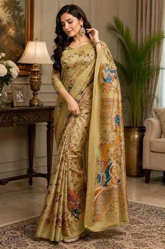 chiku color digital printed chanderi ready to wear saree with blouse