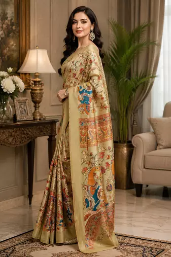 chiku color digital printed chanderi ready to wear saree with blouse
