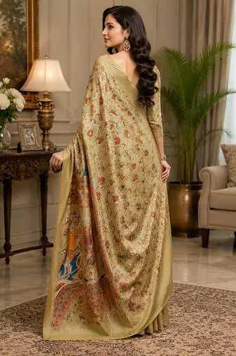 chiku color digital printed chanderi ready to wear saree with blouse