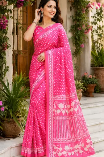 pink color digital printed chanderi ready to wear saree with blouse