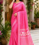 pink color digital printed chanderi ready to wear saree with blouse