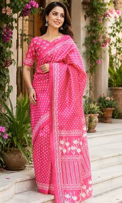 pink color digital printed chanderi ready to wear saree with blouse 2