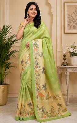 parrot green color digital printed chanderi ready to wear saree with blouse 1