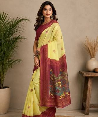 yellow color digital printed chanderi ready to wear saree with blouse 3