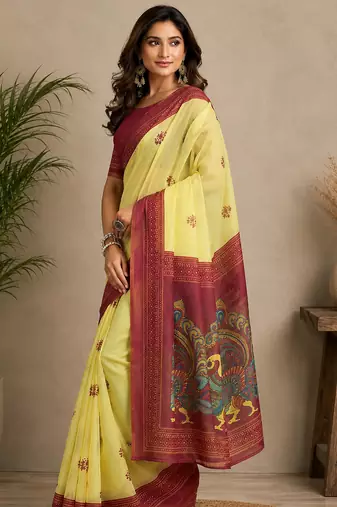 yellow color digital printed chanderi ready to wear saree with blouse