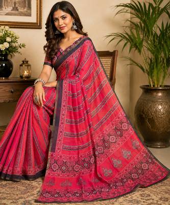 rani pink color digital printed chanderi ready to wear saree with blouse 1