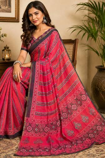 rani pink color digital printed chanderi ready to wear saree with blouse