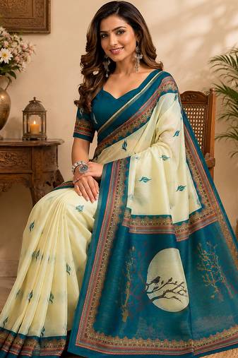 teal blue color digital printed chanderi ready to wear saree with blouse