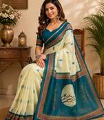 teal blue color digital printed chanderi ready to wear saree with blouse