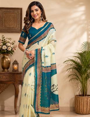 teal blue color digital printed chanderi ready to wear saree with blouse 2