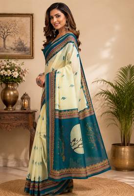 teal blue color digital printed chanderi ready to wear saree with blouse 3