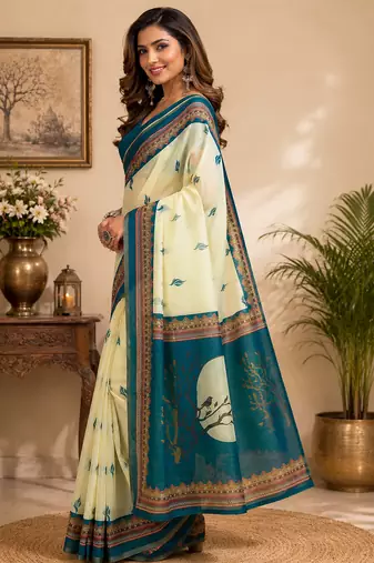 teal blue color digital printed chanderi ready to wear saree with blouse