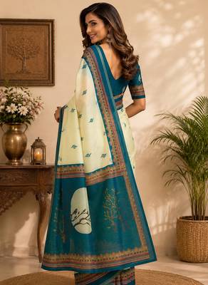 teal blue color digital printed chanderi ready to wear saree with blouse 4