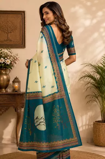 teal blue color digital printed chanderi ready to wear saree with blouse